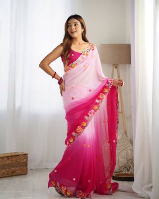 Pink embroidery work style georgette saree 2