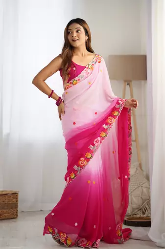 Pink embroidery work style georgette saree