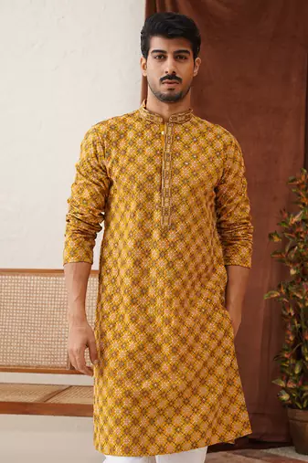 Mustard viscose rayon embroidered kurta pyjama set