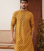 Mustard viscose rayon embroidered kurta pyjama set