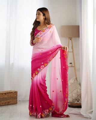 Pink embroidery work style georgette saree 4