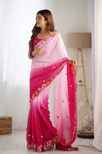 Pink embroidery work style georgette saree