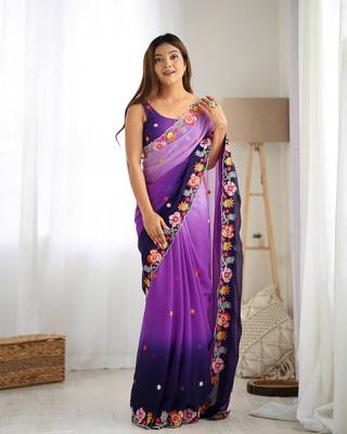 Purple embroidery work style georgette saree 1