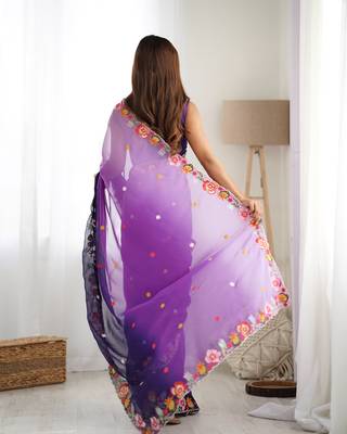 Purple embroidery work style georgette saree 2