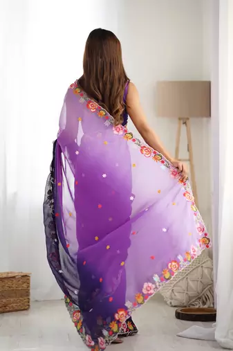 Purple embroidery work style georgette saree