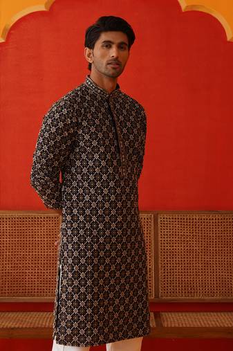 Navy viscose rayon embroidered kurta pyjama set