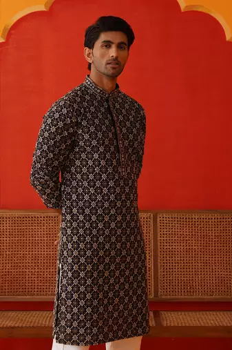 Navy viscose rayon embroidered kurta pyjama set
