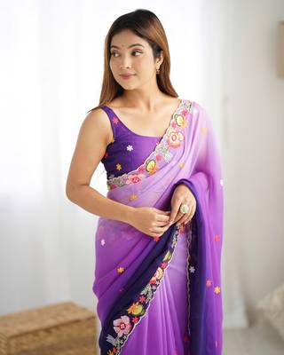 Purple embroidery work style georgette saree 3