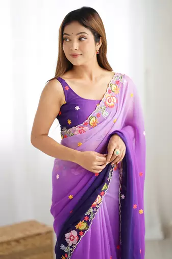 Purple embroidery work style georgette saree