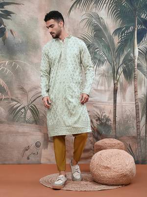 Grey steel polyester sequins kurta with chikankari work 1
