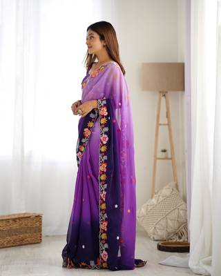 Purple embroidery work style georgette saree 4