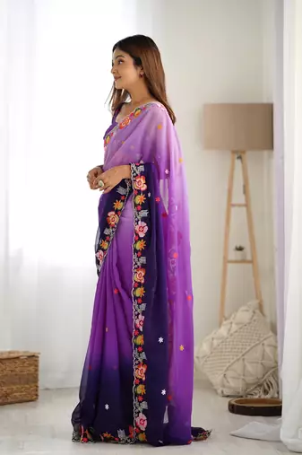 Purple embroidery work style georgette saree