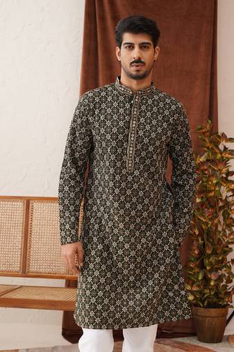 Olive viscose rayon embroidered kurta pyjama set