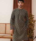 Olive viscose rayon embroidered kurta pyjama set