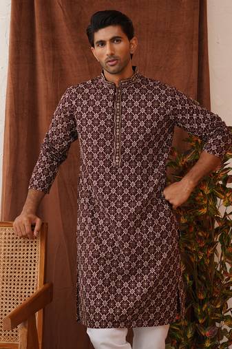 Purple viscose rayon embroidered kurta pyjama set