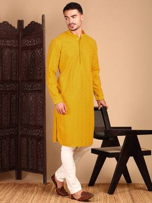 Mustard solid chikankari kurta 1