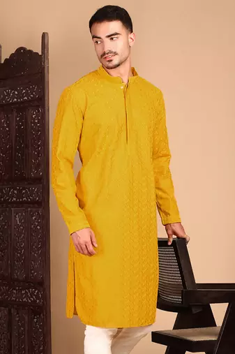 Mustard solid chikankari kurta