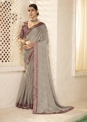 Grey digital foil printed style chiffon saree 1