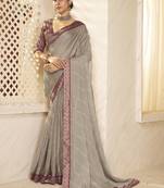 Grey digital foil printed bollywood style chiffon saree