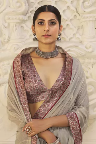 Grey digital foil printed style chiffon saree