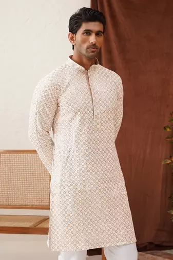 Beige cotton blend embroidered kurta pyjama set
