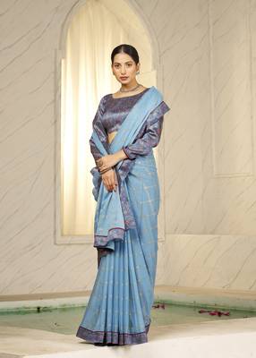 Sky blue digital foil printed style chiffon saree 1