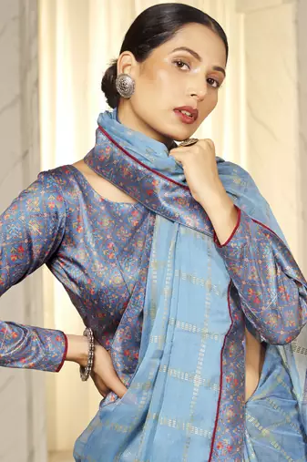 Sky blue digital foil printed style chiffon saree