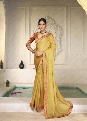 Yellow digital foil printed style chiffon saree 1
