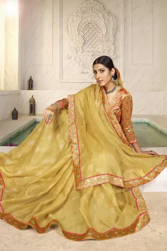 Yellow digital foil printed style chiffon saree