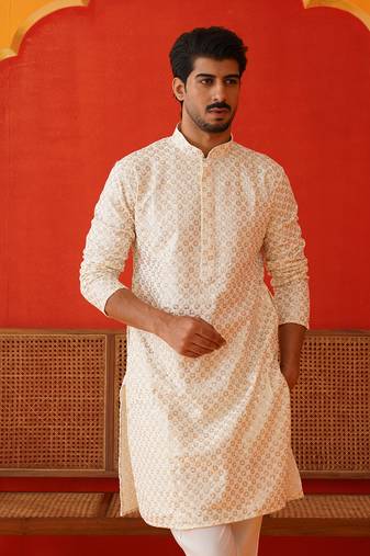 Cream cotton blend embroidered kurta pyjama set