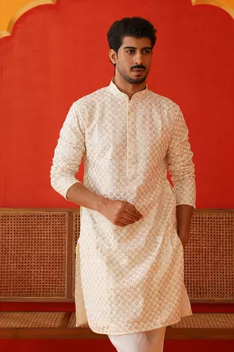 Cream cotton blend embroidered kurta pyjama set