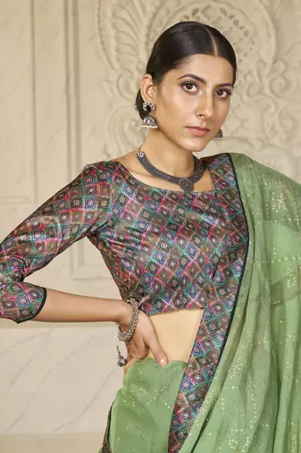 Green digital foil printed style chiffon saree