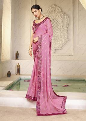 Pink digital foil printed style chiffon saree 1