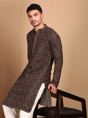 Brown chic geometric chikankarisequin kurta 2