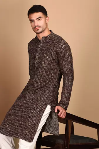 Brown chic geometric chikankarisequin kurta
