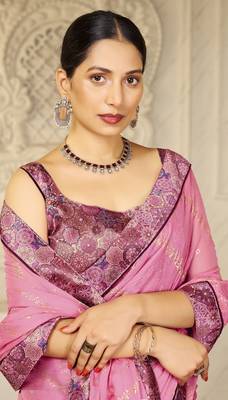 Pink digital foil printed style chiffon saree 2