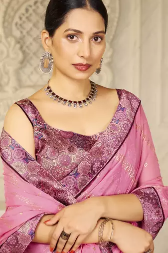 Pink digital foil printed style chiffon saree