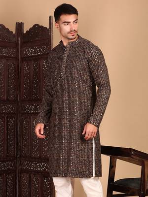 Brown chic geometric chikankarisequin kurta 3