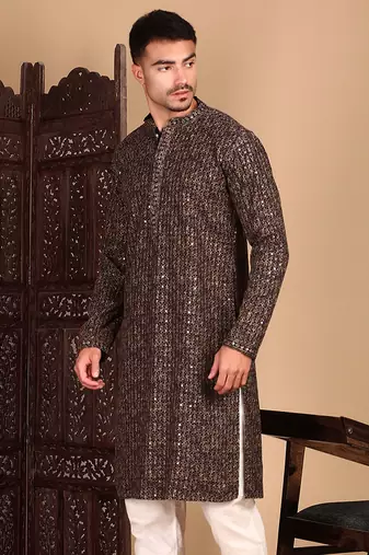 Brown chic geometric chikankarisequin kurta