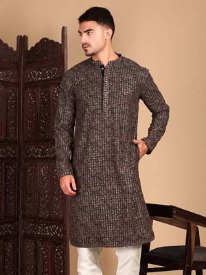 Brown chic geometric chikankarisequin kurta 4