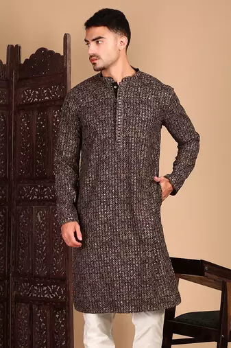 Brown chic geometric chikankarisequin kurta