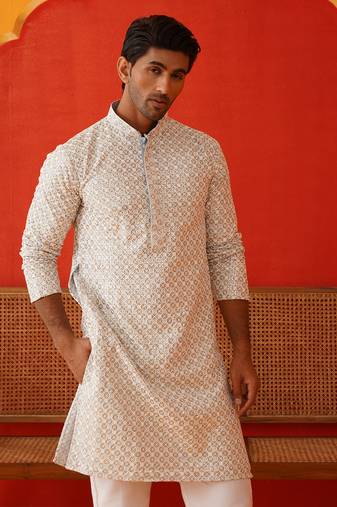 Grey cotton blend embroidered kurta pyjama set