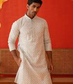 Grey cotton blend embroidered kurta pyjama set