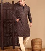 Deep beige sequin chic geometric patternchikankari kurta
