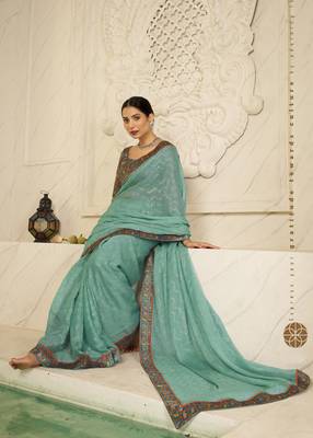 Sea green digital foil printed style chiffon saree 1