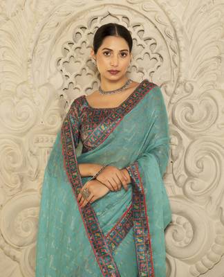 Sea green digital foil printed style chiffon saree 2