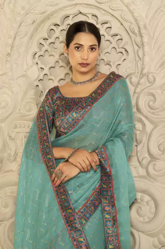 Sea green digital foil printed style chiffon saree