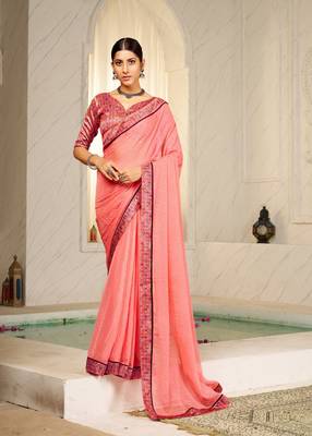 Peach digital foil printed style chiffon saree 1