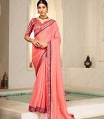 Peach digital foil printed bollywood style chiffon saree