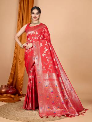Red faux banarasi silk blend saree with woven zari work 1